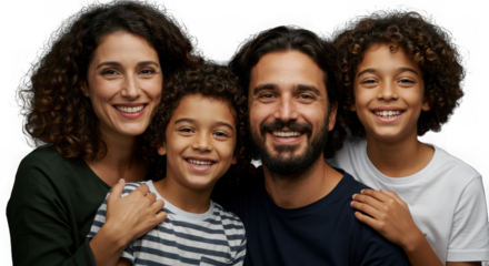 Happy family portrait with parents and children isolated on transparent background