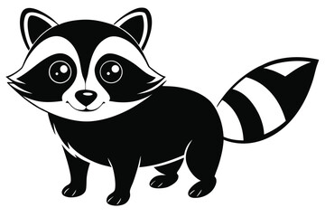 A monochrome cartoon raccoon is standing and looking forward with a sweet smile