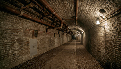 Obraz premium Old sewer tunnel with rusty iron pipes and aged brick walls.