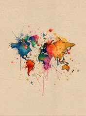 Watercolor world map with colorful splatters on beige background