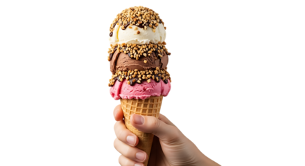 Hand holding a triple scoop ice cream cone with vanilla, chocolate, and strawberry flavors, topped with nuts, isolated on a transparent background