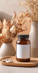 Beige-toned still life with supplement bottle