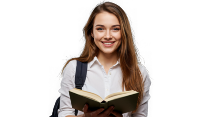 Smiling student with backpack reading a book isolated on transparent background