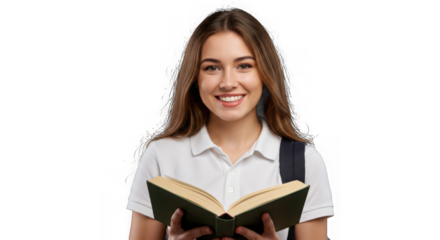 Smiling student with backpack reading a book isolated on transparent background