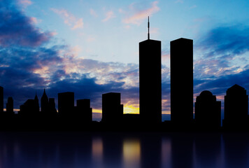 New York skyline silhouette with Towers against the blue sky. Patriot Day banner. 9.11.2001