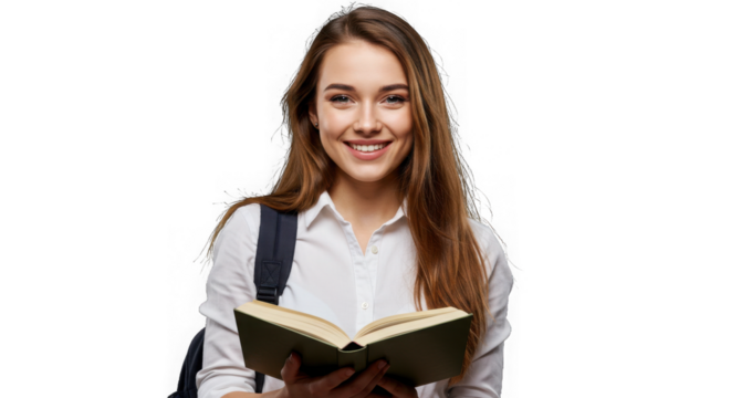 Smiling student with backpack reading a book isolated on transparent background - Powered by Adobe