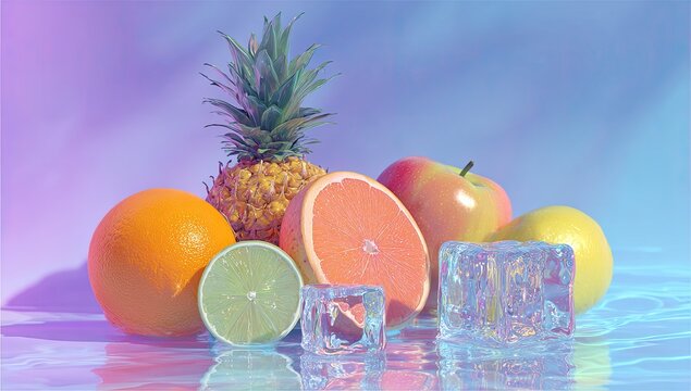 Vibrant fruit and ice cubes on a reflective surface, bathed in pastel hues