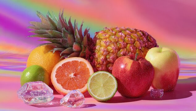 Colorful fruit still life on a vibrant pink background with iridescent crystals - Powered by Adobe
