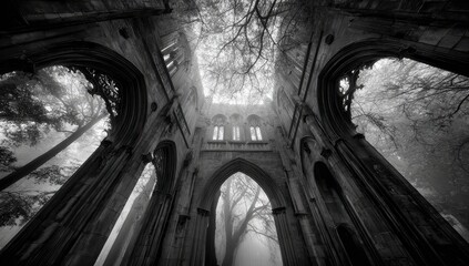 Ruined gothic architecture, misty forest interior