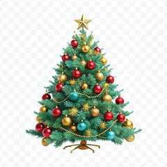 realistic 3d christmas tree with lights, red and gold christmas balls and stars isolated on white background
