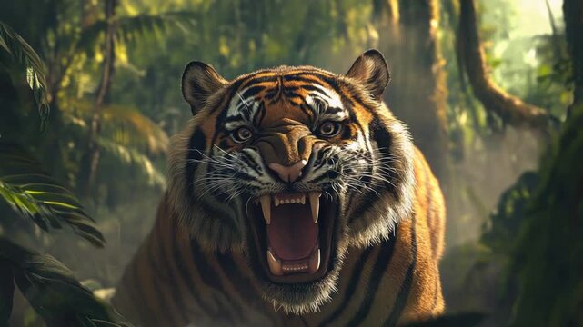 Tiger roaring in lush jungle habitat