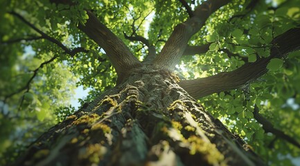 Fototapeta premium Sunlight streams through lush tree canopy, focusing on massive trunk