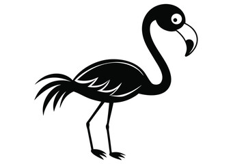 A cartoon black flamingo stands gracefully, exhibiting its long neck and distinct curved beak