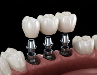 Dental implants, showing crowns on posts, placed in gums and jaw