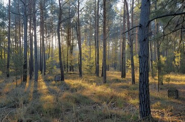 Obraz premium Sunlit pine forest floor