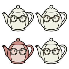 Charming Cartoon Teapots Wearing Glasses:  Four Variations in Pastel Colors,  Perfect for Children's Books,  Websites, or Branding Projects.  Vector Illustration.