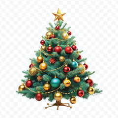 realistic 3d christmas tree with lights, red and gold christmas balls and stars isolated on white background