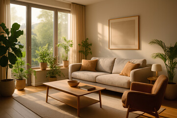 Cozy living room bathed in warm natural light with lush green plants