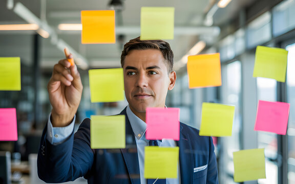 Man in suit writing on sticky notes attached to glass wall in an office environment or meeting room