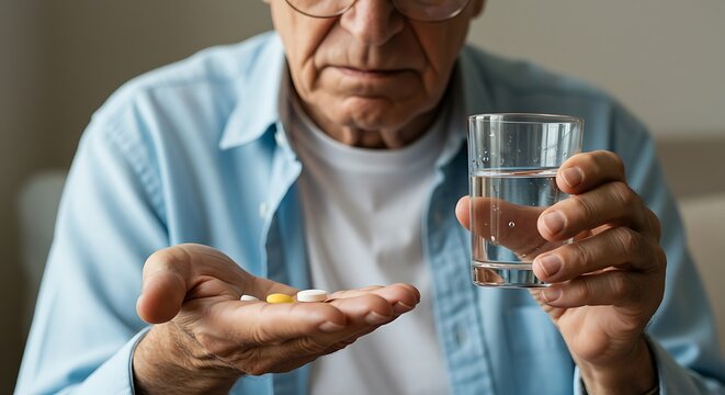 Elderly man with pills and water Medication for senior health