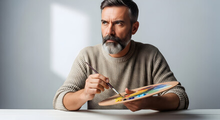 Fototapeta premium Thoughtful mature man with gray beard wearing beige sweater sitting at desk with paint palette and brush contemplating artwork in bright modern studio space