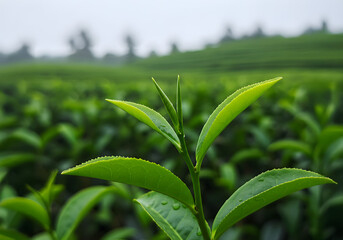 Obraz premium Fresh Green Tea Plantation with Shiny Young Leaves and Morning Sunlight Close Up