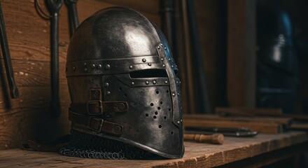 Antique Steel Helmet with Chainmail on Wooden Table