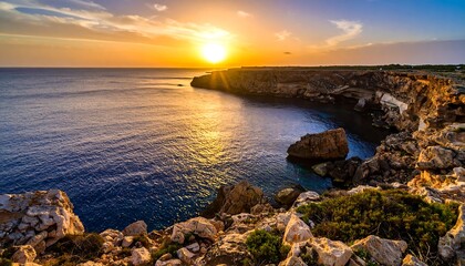 Dramatic coastal sunset over a rugged coastline