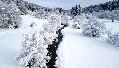 Snowy stream flows through winter landscape