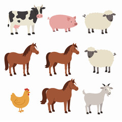 Cute flat design vector illustration of various farm animals including cow, pig, sheep, horse, chicken, and goat.