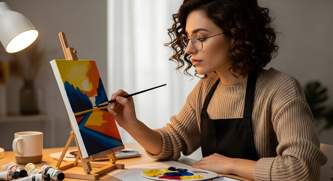 Creative woman painting colorful landscape on canvas in cozy home studio with art supplies and warm lighting for artistic inspiration and relaxation