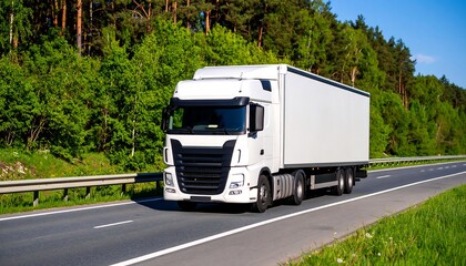 White truck on highway, lush trees