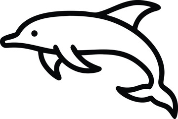 Black line art portrays a dolphin leaping through the ocean water