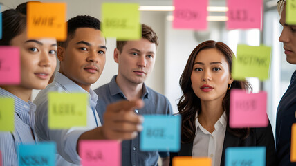 Diverse team collaborating on project with sticky notes on glass wall in modern office space
