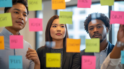 Diverse team collaborating on a project using sticky notes on a glass wall in an office space