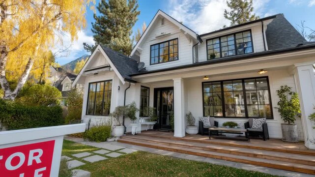 Charming Two-Story White House with Porch and For Sale Sign