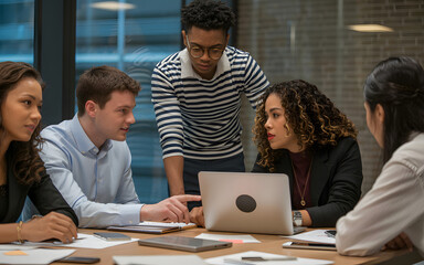 Fototapeta premium Diverse group collaborating around a laptop in a modern office setting with natural lighting
