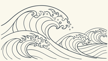 Fototapeta premium Stylized line drawing of ocean waves with foam and spray, isolated on white background, perfect for nautical or vintage themed designs