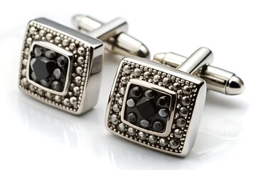 Photo of elegant silver cufflinks with black gemstones isolated on a white background