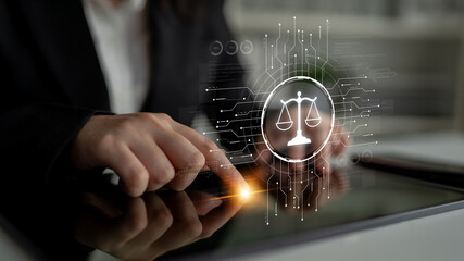 Futuristic digital law interface displaying justice scale, highlighting digital law, AI compliance,...