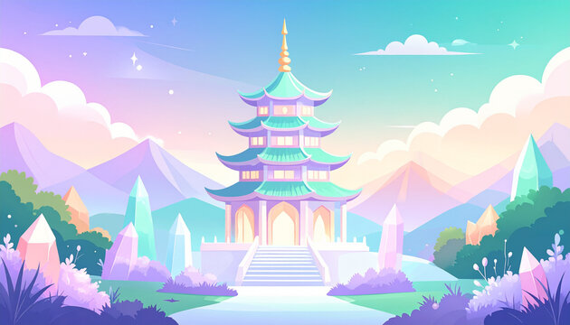 Majestic Japanese Pagoda Surrounded by Glowing Crystal Formations and Mountains Under Pastel Sky