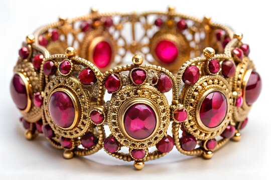 Photo of an elegant gold bracelet with red ruby gemstones isolated on a white background