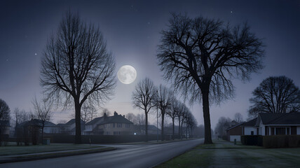 A nighttime scene of a street with houses and bare trees under a full moon and a dark blue sky