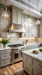 Fototapeta premium Elegant modern kitchen interior design with gray cabinets, stainless steel appliances, marble countertops, and pendant lighting, showcasing a luxurious and sophisticated home decor style