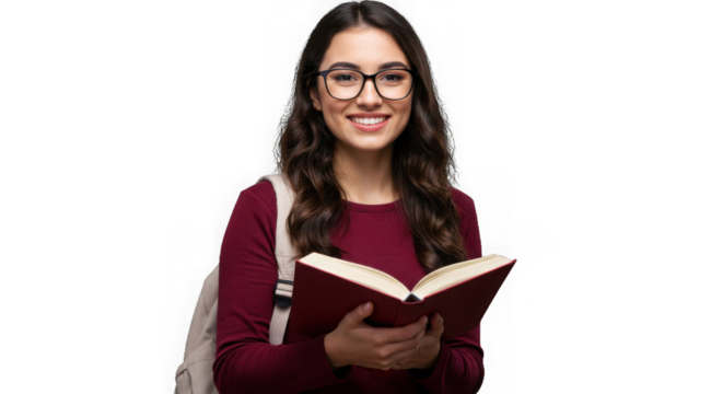 Smiling student with glasses holding a book isolated on transparent background