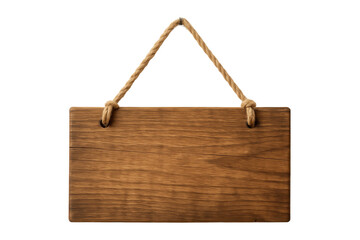 Wooden hanging signboard with natural grain texture and rope, isolated on white background, perfect for rustic decoration, shop signage, or customizable message display