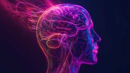 Neon Glowing Silhouette of a Human Head Highlighting the Neck and Brain Structures in a Dark Setting. A vibrant neon representation of a human head showcases intricate details of the neck and brain in