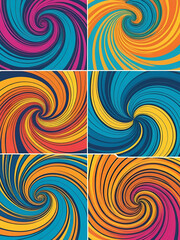 Groovy backgrounds. Comic 70s psychedelic texture. Retro funky pattern with hippie vibes with wavy, twisty swirl print. Vintage 60s texture prints graphic design template. Abstract vector backdrops.