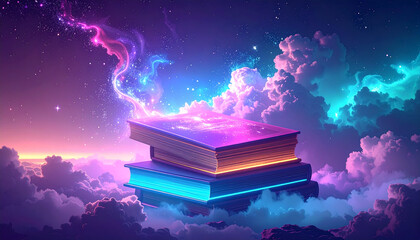 Naklejka premium Books glow amidst ethereal clouds, creating a magical scene with vibrant colors and a sense of wonder and imagination.