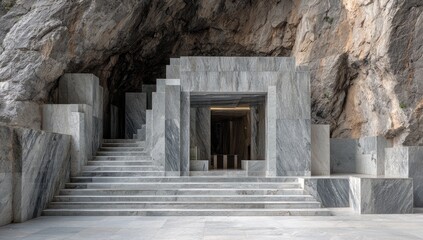 Marble steps and entryway in a rocky cave